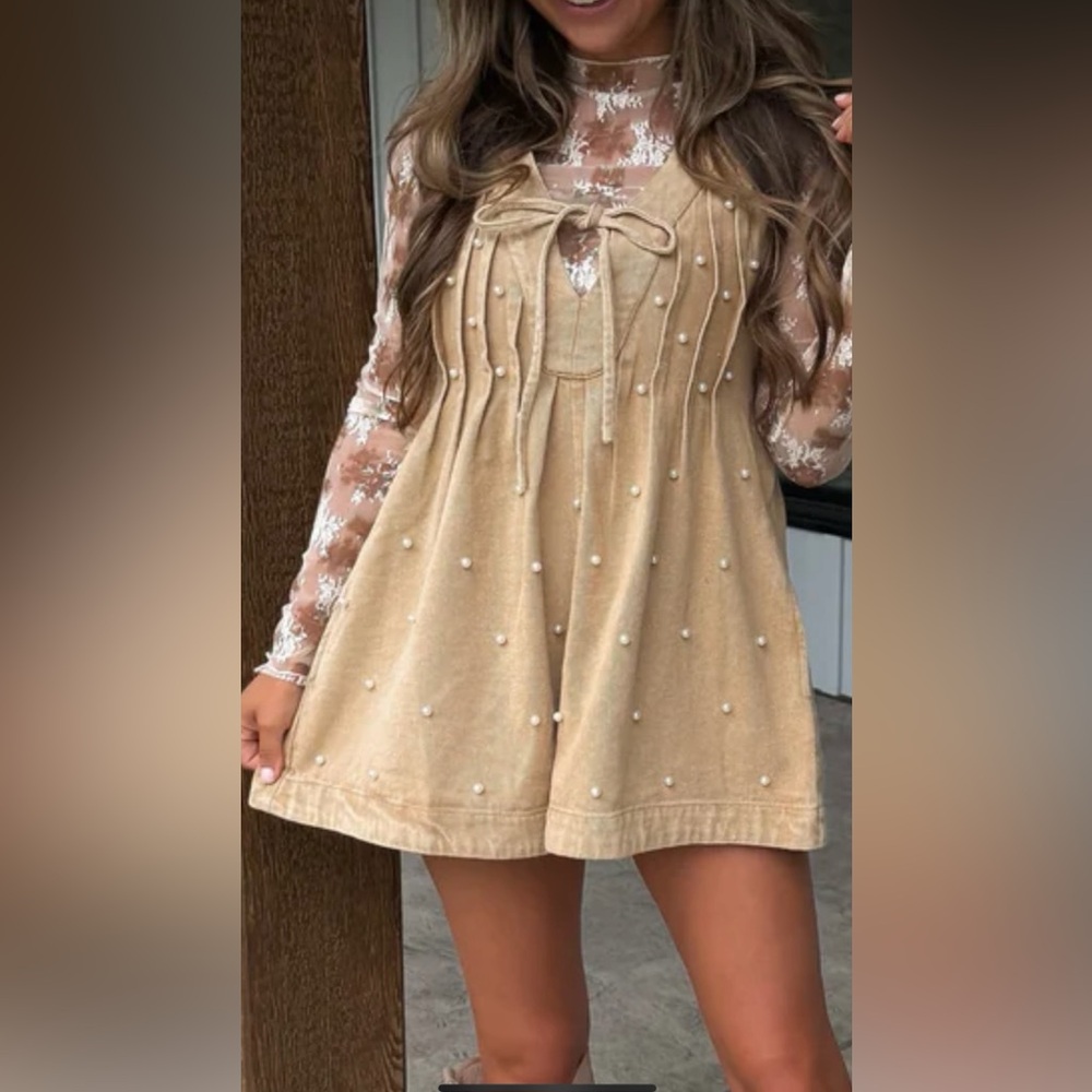 Tan mineral washed Pearl-Embellished Romper